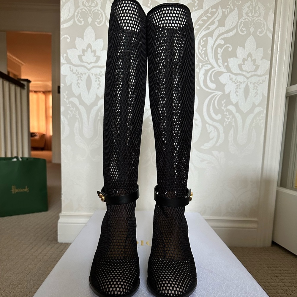 Christian Dior Black Impreinte Knee High Boots in Mesh and Leather Size 36.5